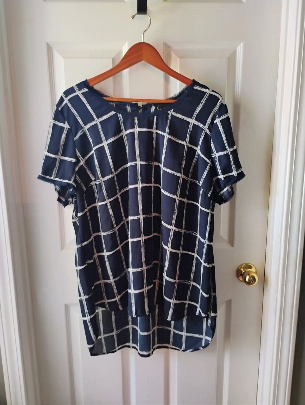 Lane Bryant Navy and White Windowpane Short Sleeve Blouse